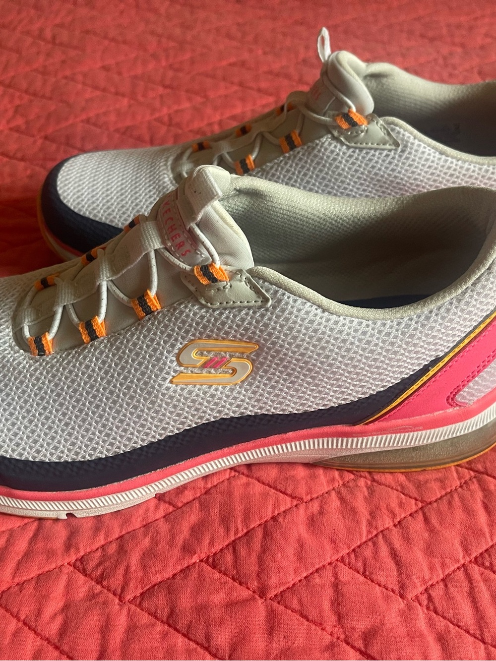 Skechers White Mesh Athletic Sneakers with Pink and Orange Accents